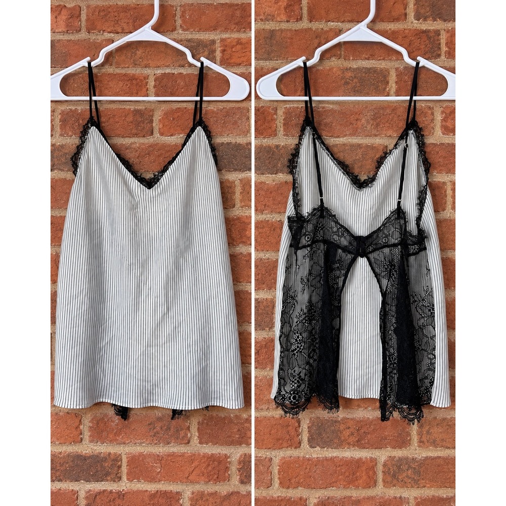 Victorias Secret Pinstripe Lace Back Camisole Top M Lingerie Pinup Coquette